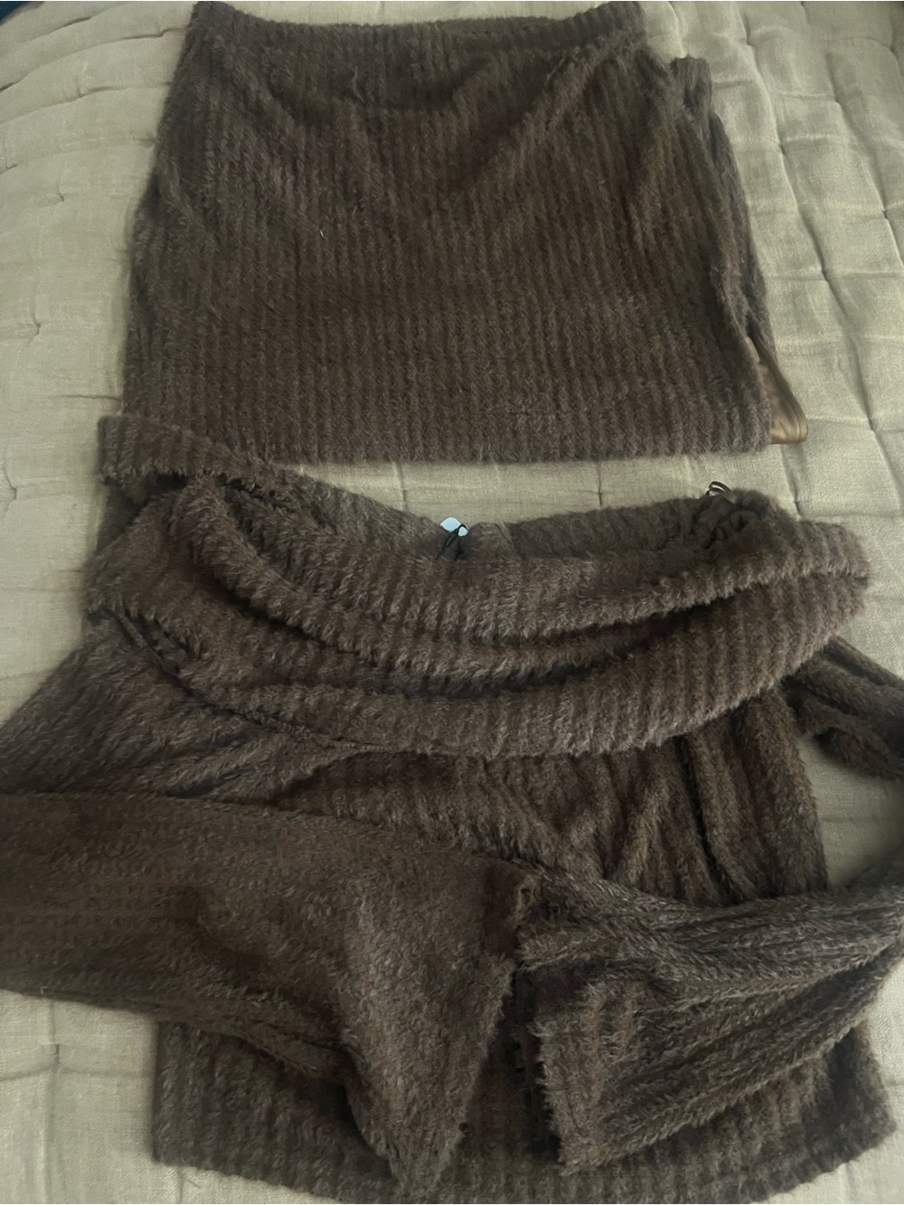 Cozy Ribbed Brown Women's Sweater - top and long skirt, Soft Knit